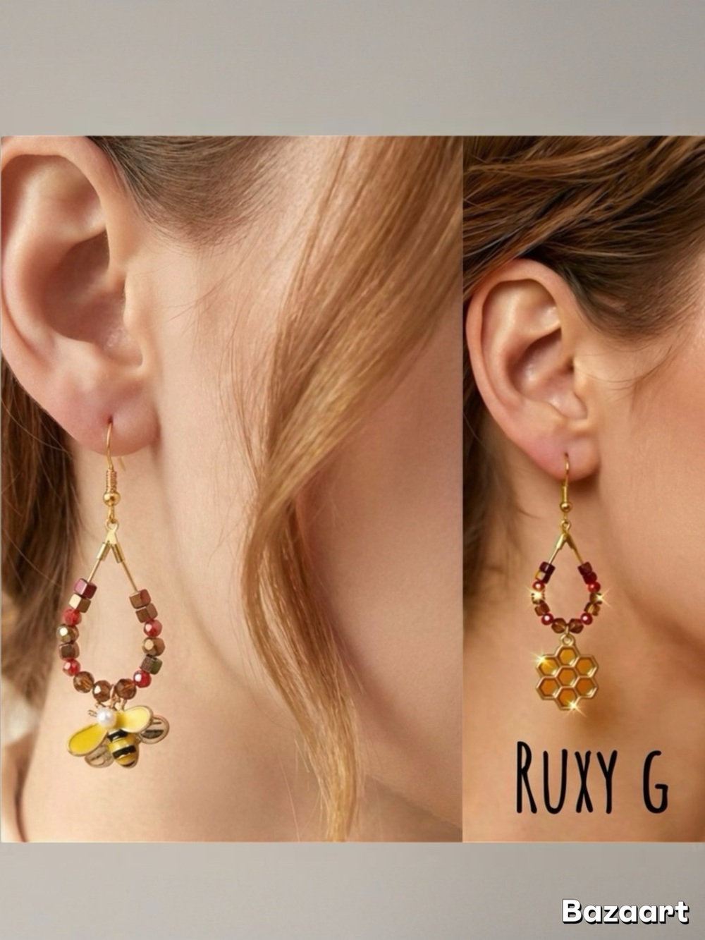 Gold and Brown Bee 🐝 and honeycomb Earrings